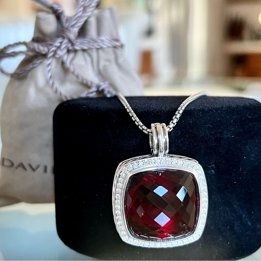 David Yurman Albion 20mm Garnet & Diamonds Pendant/Necklace With 18" Chain.